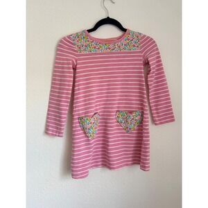 Mini Boden Girls Pink White Striped Heart Pocket Floral Dress Size 7-8Y